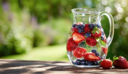 Refreshing fruit infused water in a glass pitcher, outdoors (1)