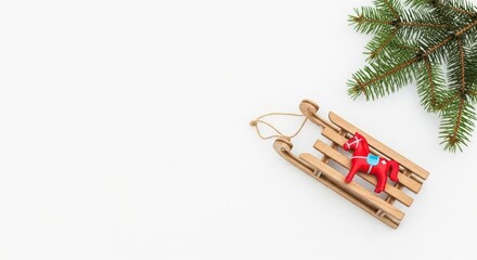 Red decorative reindeer on wooden sled with pine branches for New Year 2026  
