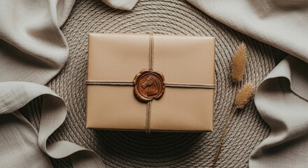 Gift box wrapped in neutral paper with seal on woven background  