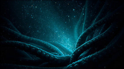 Abstract underwater scene with tentacles and glowing particles in a dark teal environment