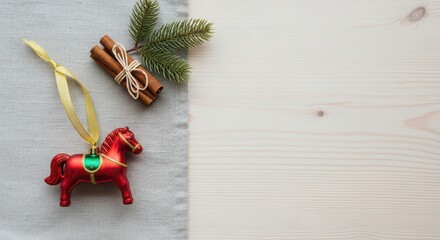 Red horse ornament with cinnamon sticks and pine on wooden background  