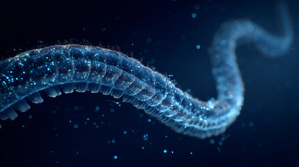 A glowing blue segmented worm like creature with sparkles in a dark blue background image shot
