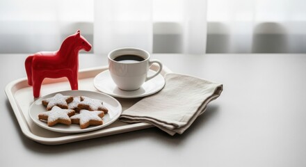 Red horse figurine with cookies and coffee on tray for New Year 2026  