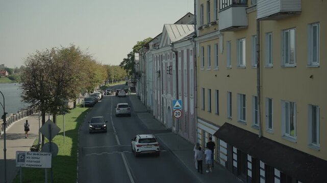 View of the Stepan Razin embankment of the Tvertsa River in the city of Tver. Dolly camera
