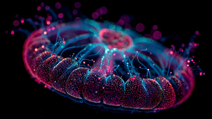 A captivating close up of a jellyfish with vibrant pinks and blues against a dark background
