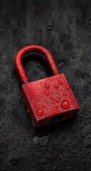 Close-up of a red padlock with water droplets on a dark surface