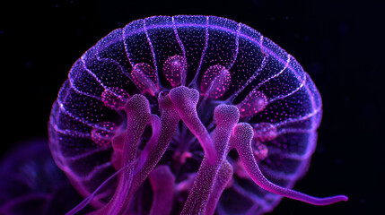 A close up view of a glowing purple jellyfish with tentacles against a dark black background