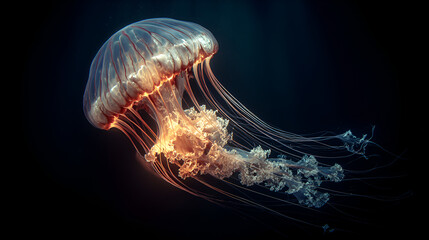A luminous jellyfish gracefully floats in the dark depths of the ocean with long tentacles around it