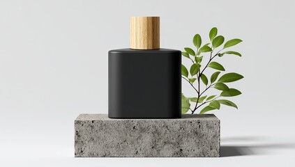 Matte black perfume bottle on a concrete pedestal with foliage
