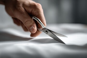 Close-up of a hand holding scissors, poised to cut white fabric