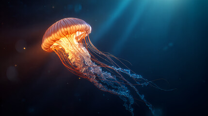 A glowing jellyfish gracefully swimming in the deep blue ocean water with light rays above it