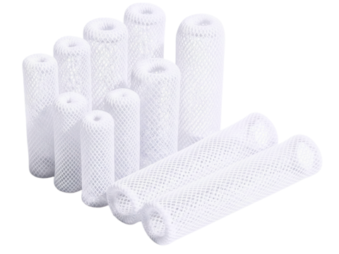 Replacement water filter cartridges with a white mesh design on a transparent background