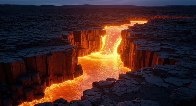 Spectacular volcanic lava flow cascading through rugged basaltic canyon under twilight sky