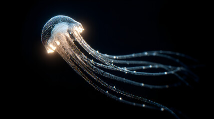 A glowing jellyfish with long tentacles floating in the dark ocean water with bioluminescence