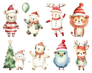 PNG Cute festive animal illustrations, element set on transparent background