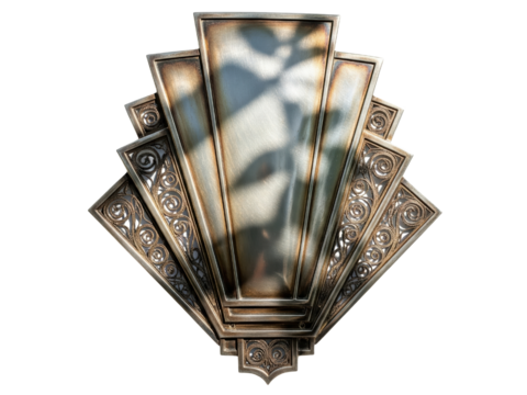 Ornate vintage art deco style metal decoration with filigree on a transparent background