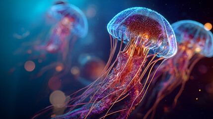 Illuminated jellyfish floating gracefully in the deep ocean with bokeh background effects visible