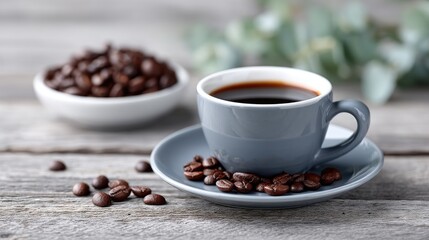 Fototapeta premium Elegant Still Life with Dark Coffee and Roasted Beans on Rustic Wooden Table Under Soft Natural Light