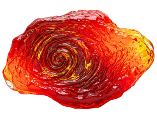 Swirling viscous red liquid with a spiral center and bubbles on a transparent background