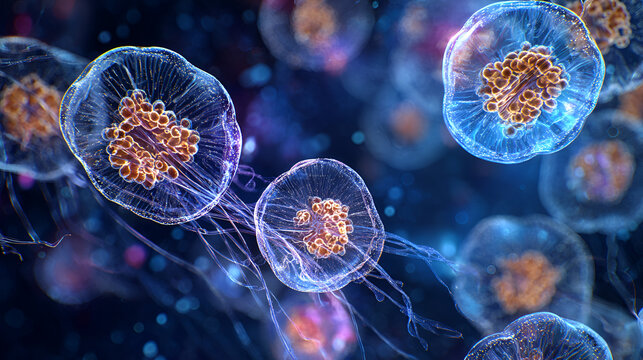 A group of jellyfish floating in dark blue water with orange centers and long flowing tentacles - Powered by Adobe