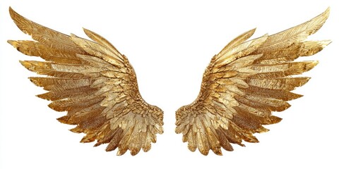 Obraz premium Pair of golden angel wings against a white background. Detailed depiction of intricate golden wing feathers