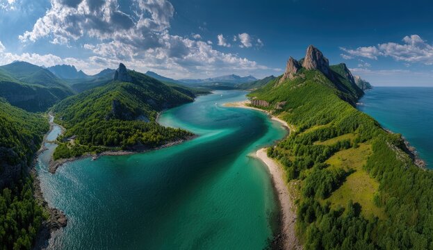 Panoramic view of a turquoise lake winding through lush mountains and forests to a sandy beach, meeting the ocean - Powered by Adobe
