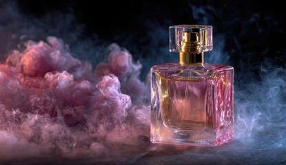 A perfume bottle rests on a dark surface, surrounded by swirling pink and purple smoke