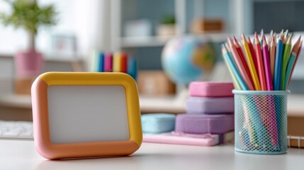 Pastel Pop Art Desk Mockup with Blank Vertical Frame and Tropical Shadow