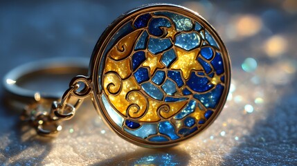Celestial Moon and Stars Stained Glass Keychain Illustration