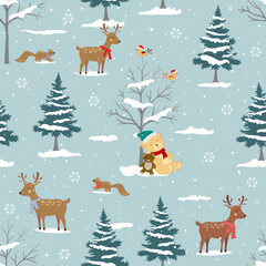 Winter landscape seamless pattern with cute animals on winter forest,Perfect for fabric,textile,wallpaper or print design