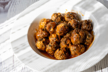 Close-Up of Spanish Albondigas Meatballs in Tomato Sauce 
