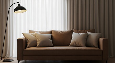 Brown leather sofa with light beige and brown pillows and black arc lamp couch living room