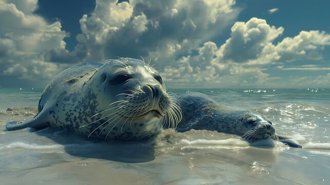 Two seals resting on the beach near the ocean waves