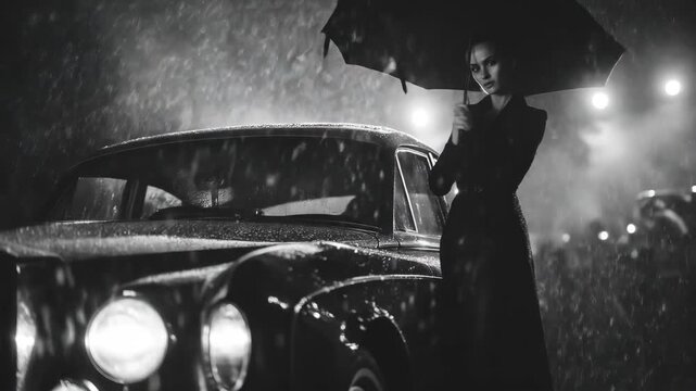 Dramatic black and white shot of a woman with umbrella standing by a vintage car in the rain, evoking nostalgia, mystery, and elegance.
