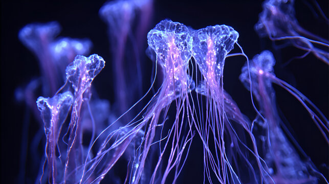 A group of jellyfish with long tentacles floating in dark water in an aquarium exhibit space