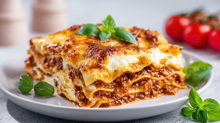 Layered lasagna on a white plate with basil, tomatoes, and ceramic shakers