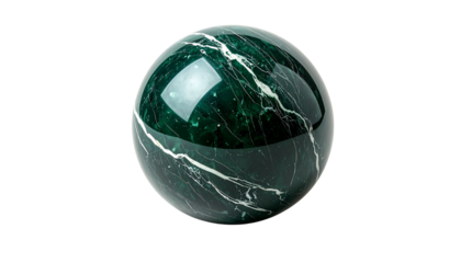 A single dark green marble sphere with white veining and a textured surface isolated on solid white background in Png 