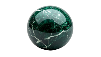 A single dark green marble sphere with white veining and a textured surface isolated on solid white background Png