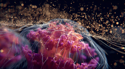 A close up of a pink and purple jellyfish with glowing particles floating around it in dark water