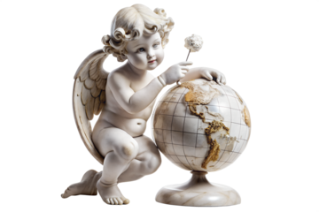Charming Angel Statue Contemplating the World A Detailed Depiction of a Cherubic Figure with Wings Interacting with a Globe