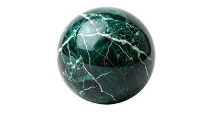 A single dark green marble sphere with white veining and a textured surface isolated on solid white background