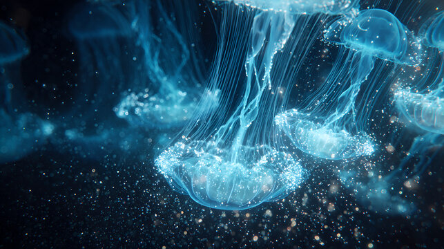 A mesmerizing display of jellyfish gracefully swimming underwater in a dark blue ocean scene