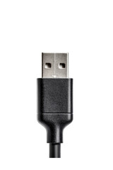 Close-up of a black USB cable with a metallic connector on dark background.