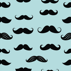 Seamless pattern of various black mustaches on a light blue background with a playful and whimsical mood.