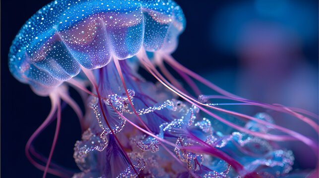 Close up of a jellyfish with blue and purple hues and long tentacles against a dark background - Powered by Adobe
