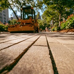 City park pavement repair, a yellow compactor in the background