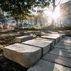 Pavers arranged for a new walkway, sunlight filtering through trees