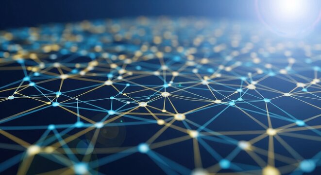 Bblue abstract background with a network grid and particles connected, global nodes connected