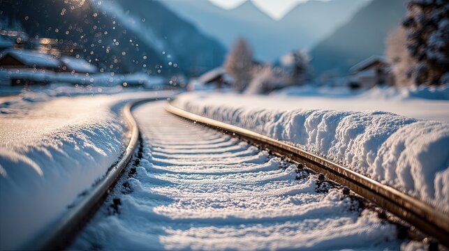 Snowy Railway Tracks Through Mountainous Landscape