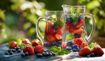Freshly made fruit infused water in glass pitchers.  Summery beverage with strawberries and blueberries, garnished with mint leaves, displayed on a rustic surface amidst more fruit